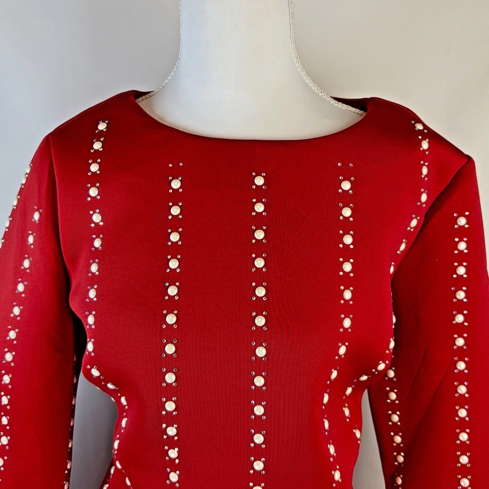 Ashro Women L Red Faux Pearl Rhinestone Bell Sleeve Top Sparkly Party‎ Wedding